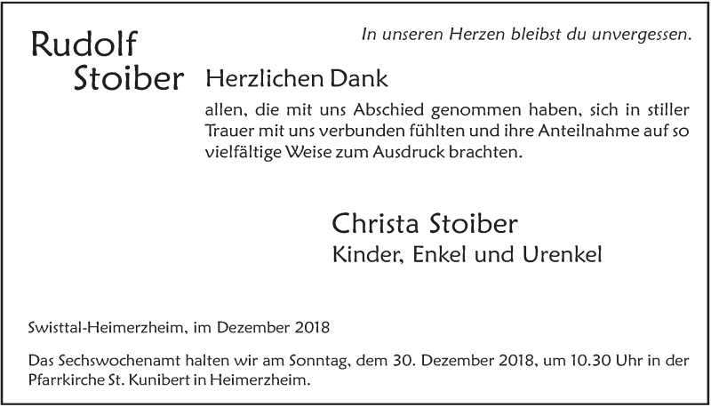  Traueranzeige für Rudolf Stoiber vom 19.12.2018 aus  Schaufenster/Blickpunkt 