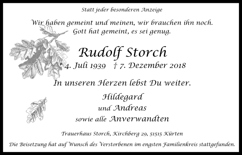  Traueranzeige für Rudolf Storch vom 27.12.2018 aus  Bergisches Handelsblatt 