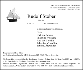 Anzeige von Rudolf Stöber von Kölner Stadt-Anzeiger / Kölnische Rundschau / Express
