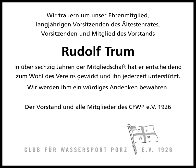  Traueranzeige für Rudolf Trum vom 28.12.2018 aus Kölner Stadt-Anzeiger / Kölnische Rundschau / Express