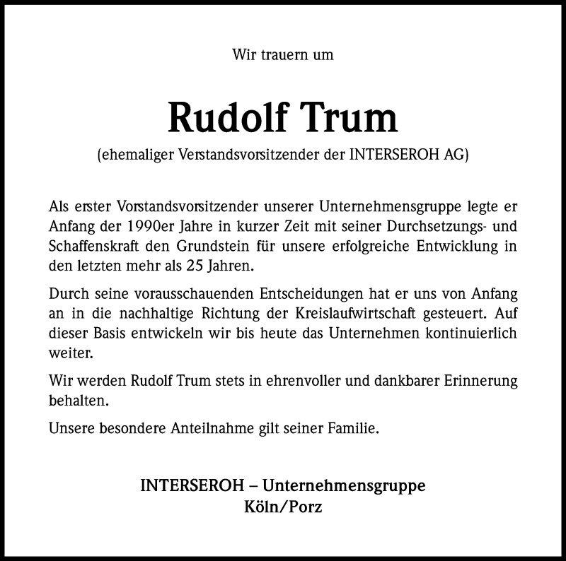  Traueranzeige für Rudolf Trum vom 29.12.2018 aus Kölner Stadt-Anzeiger / Kölnische Rundschau / Express