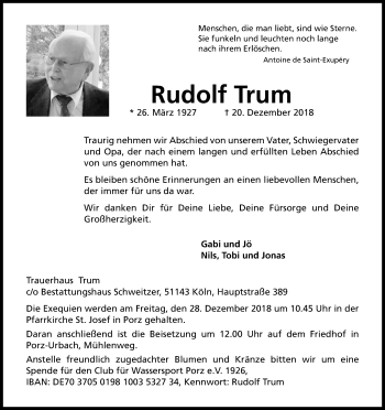 Anzeige von Rudolf Trum von Kölner Stadt-Anzeiger / Kölnische Rundschau / Express