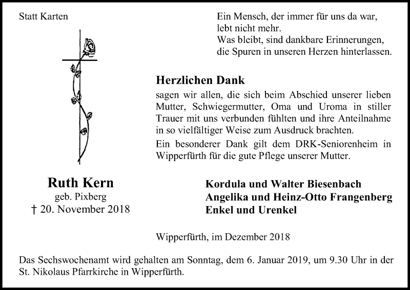 Traueranzeige für Ruth Kern vom 29.12.2018 aus Kölner Stadt-Anzeiger / Kölnische Rundschau / Express