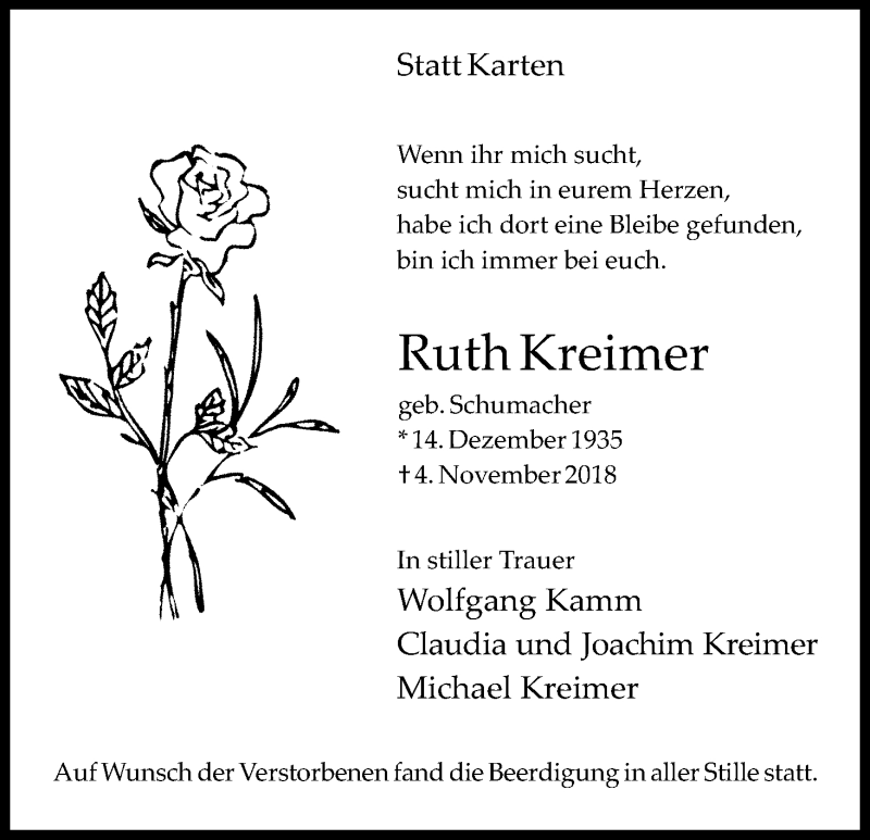  Traueranzeige für Ruth Kreimer vom 08.12.2018 aus Kölner Stadt-Anzeiger / Kölnische Rundschau / Express