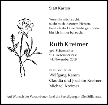 Anzeige von Ruth Kreimer von Kölner Stadt-Anzeiger / Kölnische Rundschau / Express