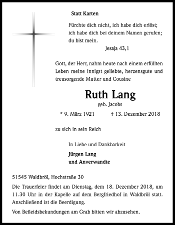 Anzeige von Ruth Lang von Kölner Stadt-Anzeiger / Kölnische Rundschau / Express