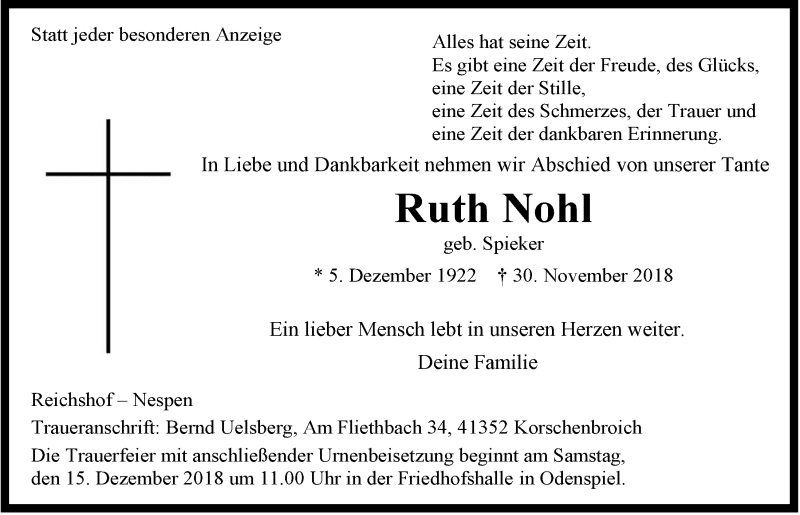  Traueranzeige für Ruth Nohl vom 12.12.2018 aus  Anzeigen Echo 
