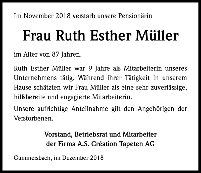  Traueranzeige für Ruth Esther Müller vom 22.12.2018 aus Kölner Stadt-Anzeiger / Kölnische Rundschau / Express