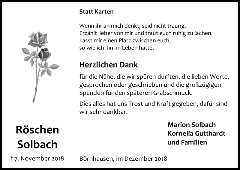 Traueranzeige für Röschen Solbach vom 29.12.2018 aus Kölner Stadt-Anzeiger / Kölnische Rundschau / Express
