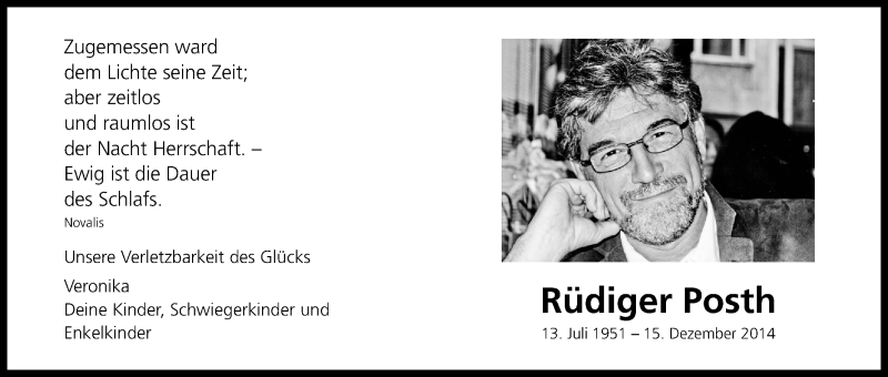  Traueranzeige für Rüdiger Posth vom 15.12.2018 aus Kölner Stadt-Anzeiger / Kölnische Rundschau / Express