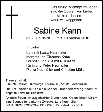 Anzeige von Sabine Kann von  Kölner Wochenspiegel  Lokale Informationen 