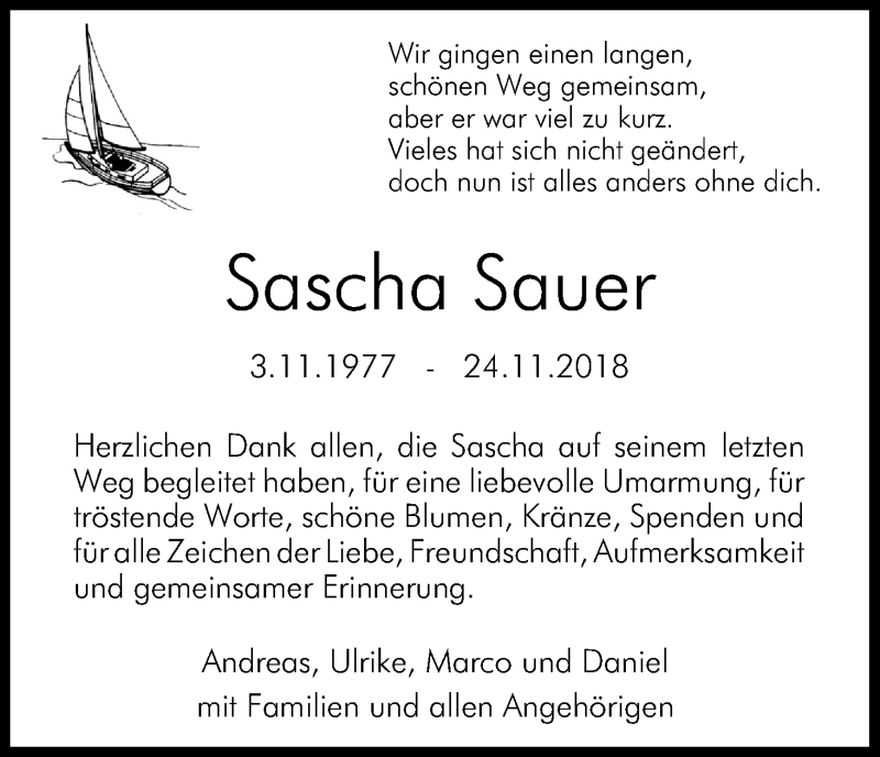  Traueranzeige für Sascha Sauer vom 22.12.2018 aus Kölner Stadt-Anzeiger / Kölnische Rundschau / Express
