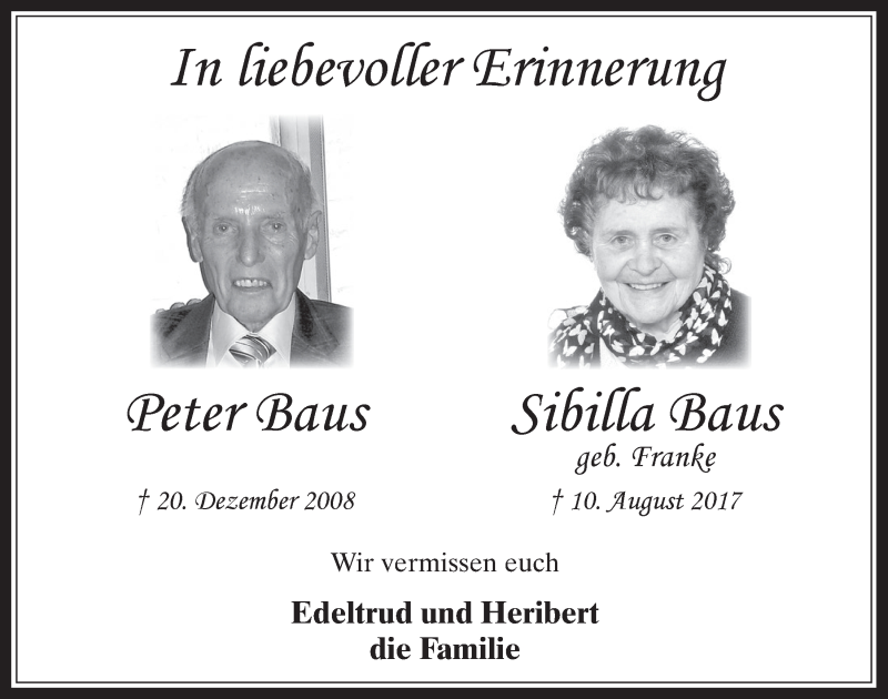  Traueranzeige für Sibilla Baus vom 19.12.2018 aus  Werbepost 