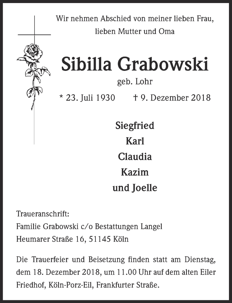  Traueranzeige für Sibilla Grabowski vom 12.12.2018 aus  Kölner Wochenspiegel 