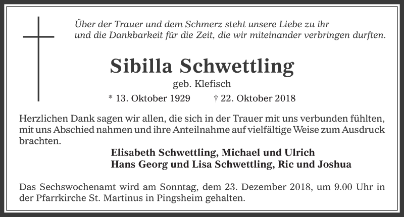  Traueranzeige für Sibilla Schwettling vom 05.12.2018 aus  Werbepost 