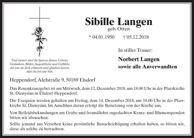  Traueranzeige für Sibille Langen vom 12.12.2018 aus  Werbepost 