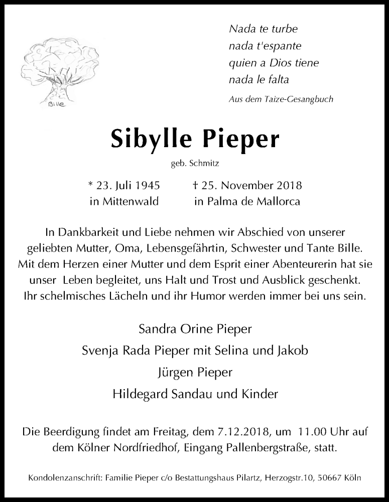  Traueranzeige für Sibylle Pieper vom 05.12.2018 aus Kölner Stadt-Anzeiger / Kölnische Rundschau / Express