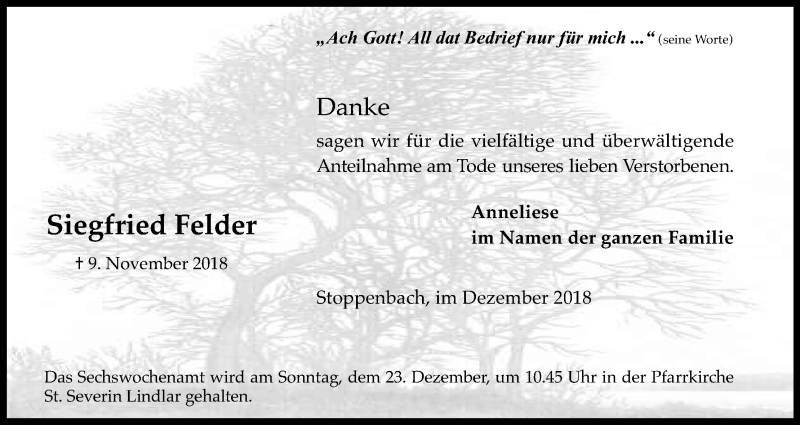 Traueranzeige für Siegfried Felder vom 15.12.2018 aus Kölner Stadt-Anzeiger / Kölnische Rundschau / Express