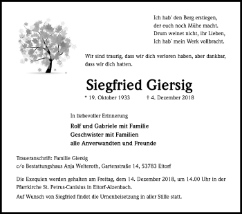Anzeige von Siegfried Giersig von Kölner Stadt-Anzeiger / Kölnische Rundschau / Express