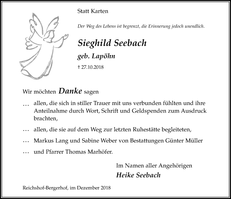  Traueranzeige für Sieghild Seebach vom 19.12.2018 aus  Lokalanzeiger 