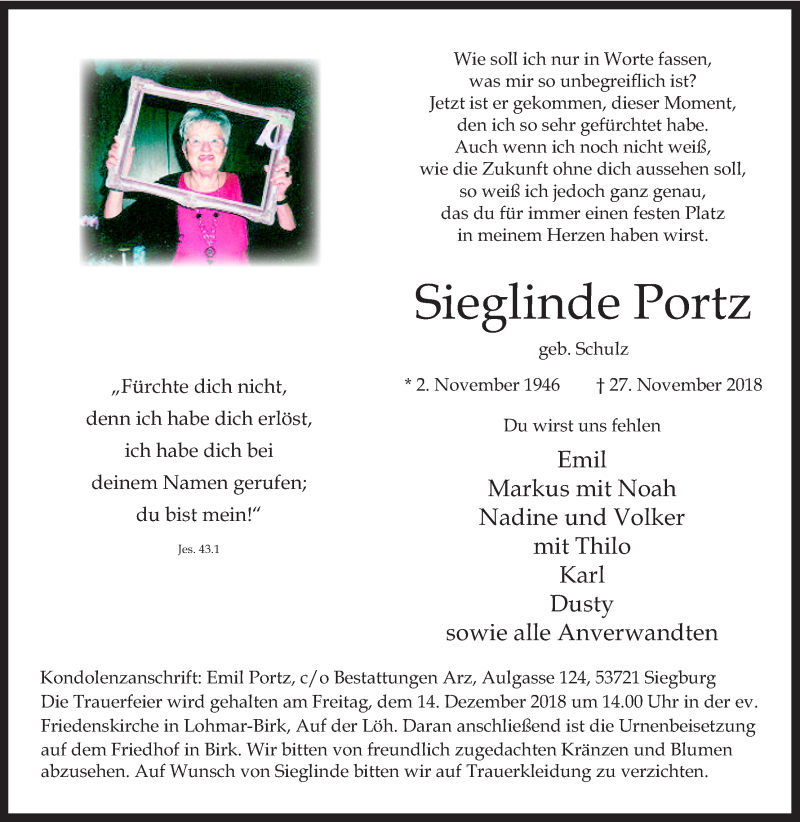  Traueranzeige für Sieglinde Portz vom 08.12.2018 aus Kölner Stadt-Anzeiger / Kölnische Rundschau / Express