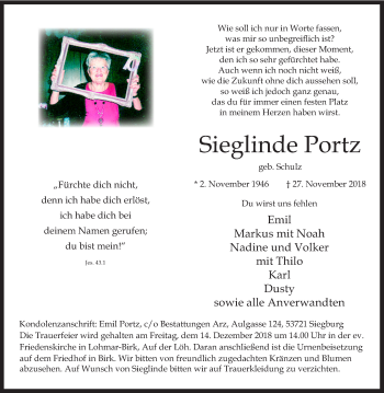 Anzeige von Sieglinde Portz von Kölner Stadt-Anzeiger / Kölnische Rundschau / Express