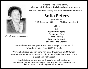 Anzeige von Sofia Peters von Kölner Stadt-Anzeiger / Kölnische Rundschau / Express