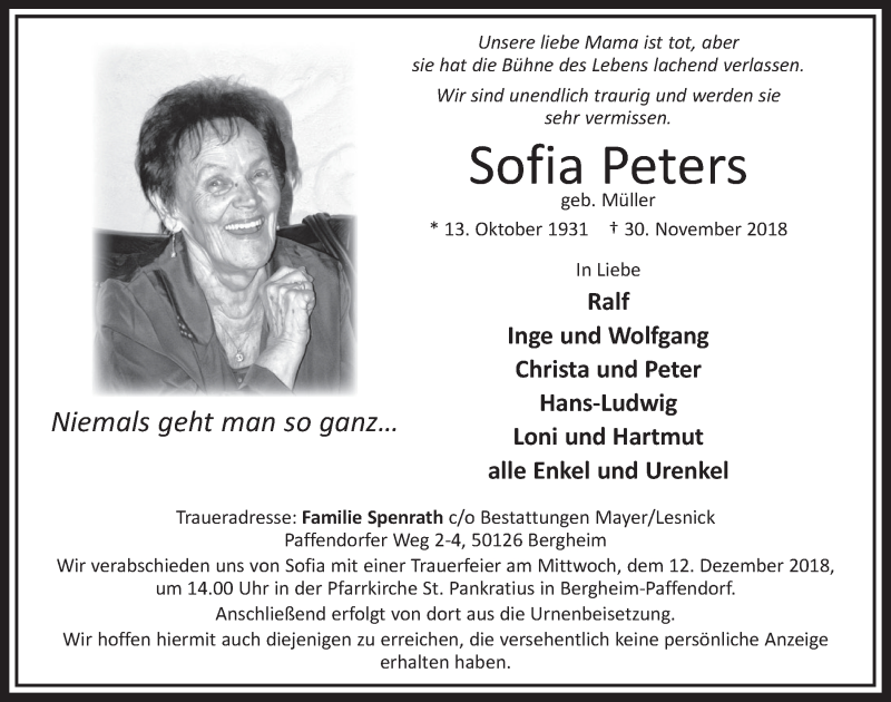  Traueranzeige für Sofia Peters vom 08.12.2018 aus  Sonntags-Post 