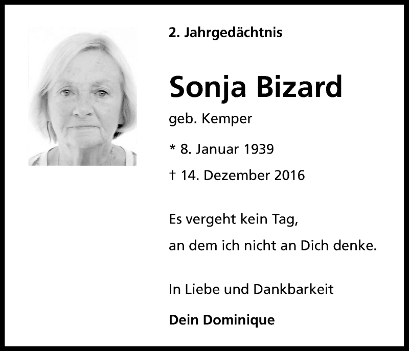  Traueranzeige für Sonja Bizard vom 14.12.2018 aus Kölner Stadt-Anzeiger / Kölnische Rundschau / Express