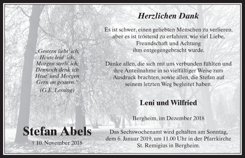  Traueranzeige für Stefan Abels vom 19.12.2018 aus  Werbepost 