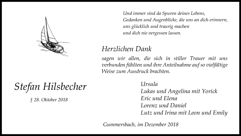  Traueranzeige für Stefan Hilsbecher vom 08.12.2018 aus Kölner Stadt-Anzeiger / Kölnische Rundschau / Express