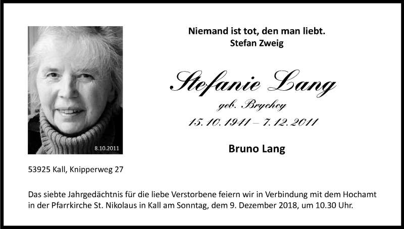  Traueranzeige für Stefanie Lang vom 07.12.2018 aus Kölner Stadt-Anzeiger / Kölnische Rundschau / Express