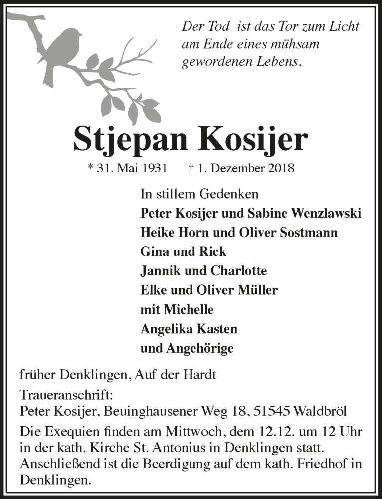  Traueranzeige für Stjepan Kosijer vom 05.12.2018 aus  Lokalanzeiger 