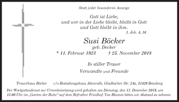 Anzeige von Susi Böcker von  Bergisches Handelsblatt 