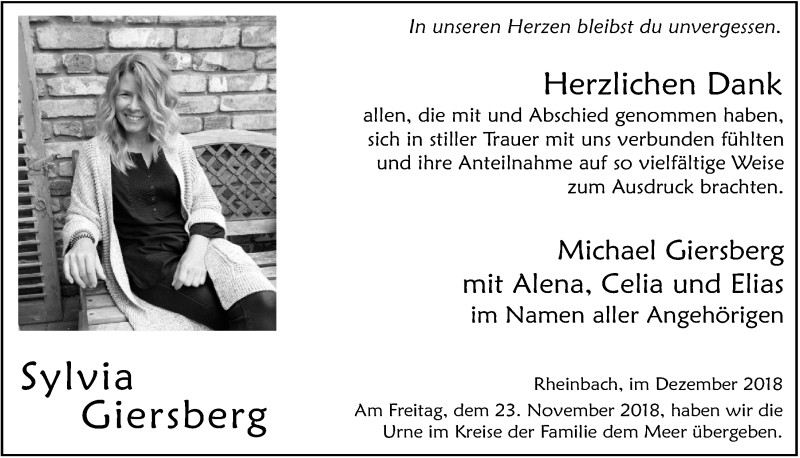  Traueranzeige für Sylvia Giersberg vom 19.12.2018 aus  Schaufenster/Blickpunkt 