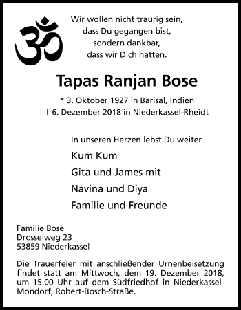 Anzeige von Tapas Ranjan Bose von Kölner Stadt-Anzeiger / Kölnische Rundschau / Express