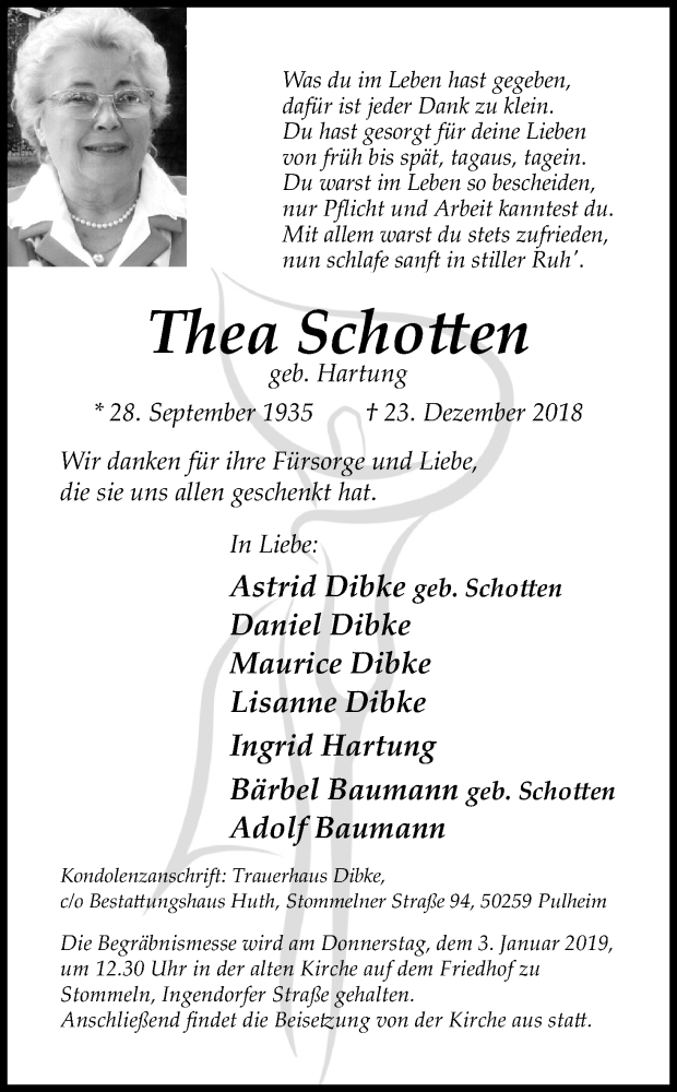  Traueranzeige für Thea Schotten vom 29.12.2018 aus Kölner Stadt-Anzeiger / Kölnische Rundschau / Express