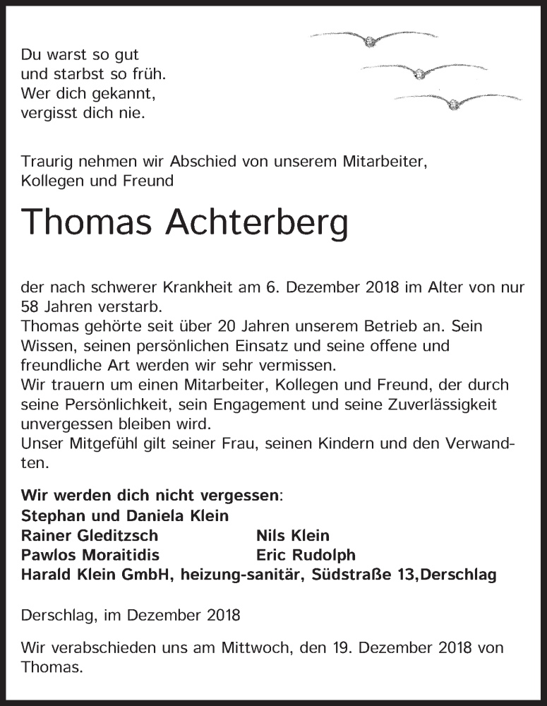  Traueranzeige für Thomas Achterberg vom 15.12.2018 aus Kölner Stadt-Anzeiger / Kölnische Rundschau / Express