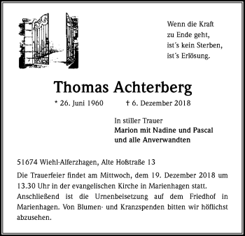 Anzeige von Thomas Achterberg von Kölner Stadt-Anzeiger / Kölnische Rundschau / Express