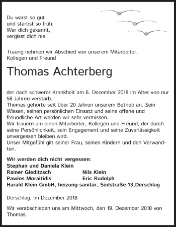Anzeige von Thomas Achterberg von Kölner Stadt-Anzeiger / Kölnische Rundschau / Express