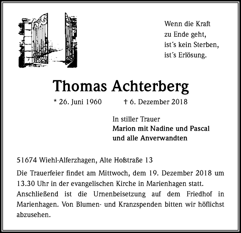  Traueranzeige für Thomas Achterberg vom 15.12.2018 aus Kölner Stadt-Anzeiger / Kölnische Rundschau / Express
