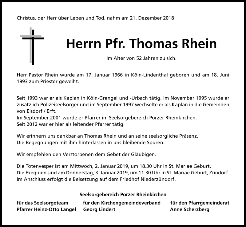  Traueranzeige für Thomas Rhein vom 29.12.2018 aus Kölner Stadt-Anzeiger / Kölnische Rundschau / Express