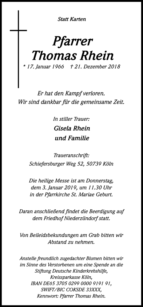  Traueranzeige für Thomas Rhein vom 29.12.2018 aus Kölner Stadt-Anzeiger / Kölnische Rundschau / Express