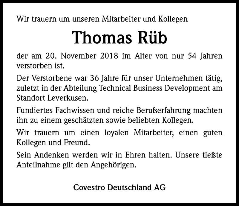  Traueranzeige für Thomas Rüb vom 05.12.2018 aus Kölner Stadt-Anzeiger / Kölnische Rundschau / Express