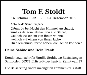 Anzeige von Tom F. Stoldt von Kölner Stadt-Anzeiger / Kölnische Rundschau / Express