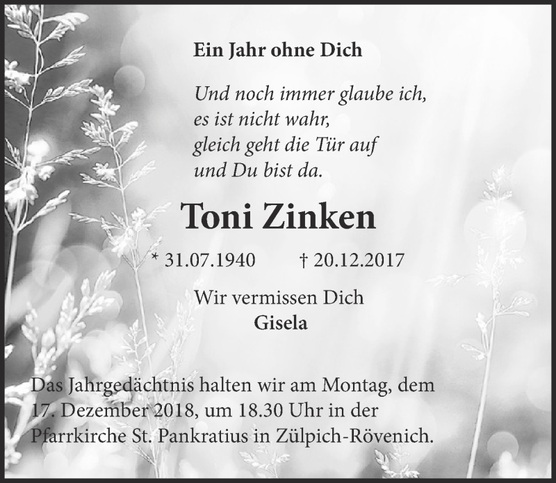  Traueranzeige für Toni Zinken vom 15.12.2018 aus  Blickpunkt Euskirchen 