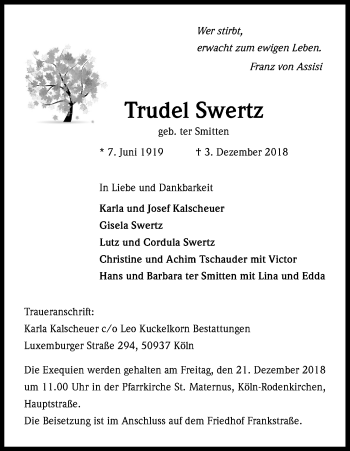 Anzeige von Trudel Swertz von Kölner Stadt-Anzeiger / Kölnische Rundschau / Express