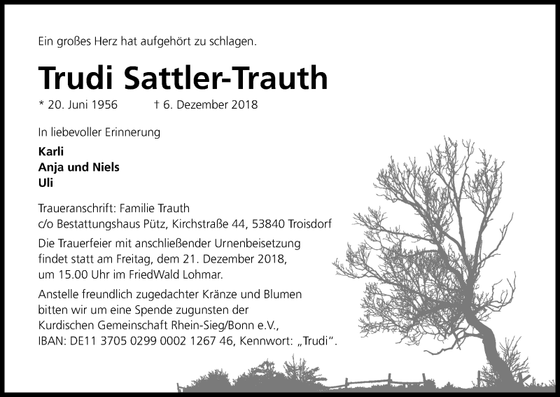  Traueranzeige für Trudi Sattler-Trauth vom 15.12.2018 aus Kölner Stadt-Anzeiger / Kölnische Rundschau / Express