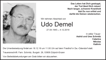 Anzeige von Udo Demel von  Schaufenster/Blickpunkt 