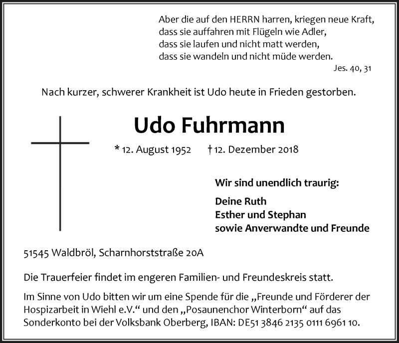  Traueranzeige für Udo Fuhrmann vom 19.12.2018 aus  Lokalanzeiger 